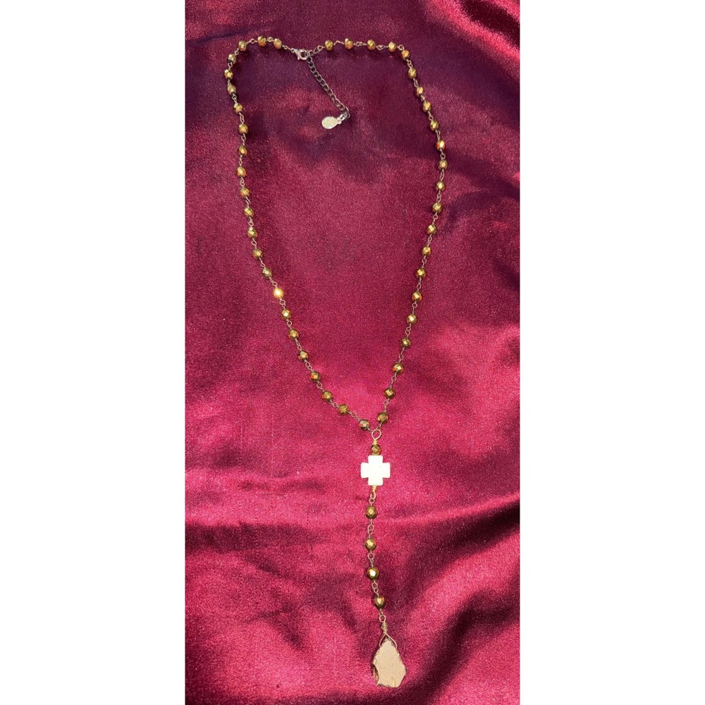Boho Rosary Style Gold Bead Necklace‎ with White Cross and Raw Stone Pendant